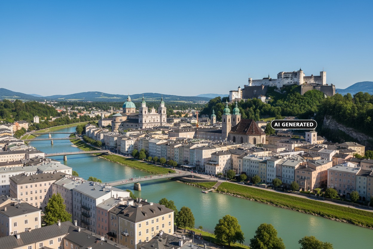 AI Generated: An elevated, daytime view of Salzburg, Austria, featuring the Salzach River flowing through the city with bridges, historic buildings with domes and spires, and the Hohensalzburg Fortress on a hill in the background.